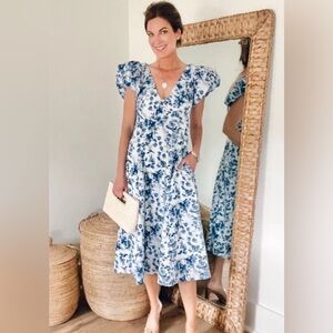 A&F Puff Sleeve Plunge Midi Dress, Blue Floral (S)